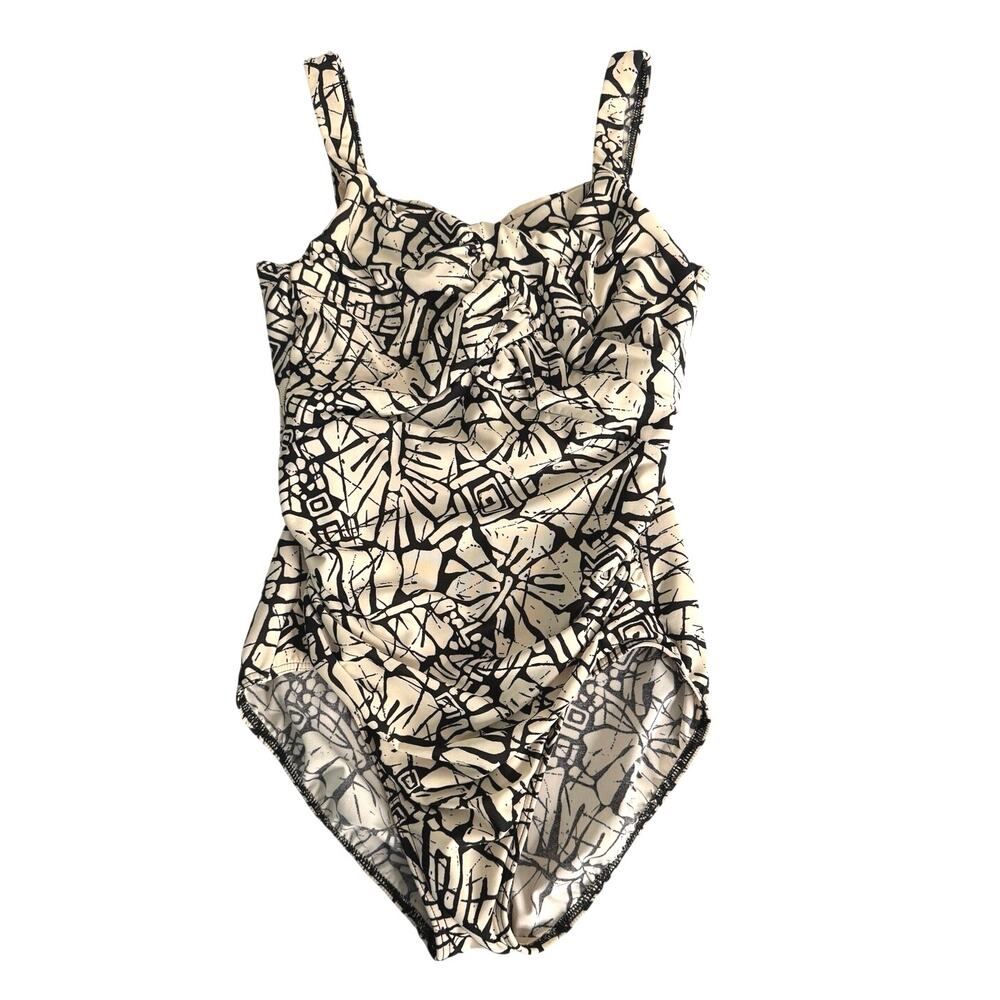 Lands End women’s one piece Carmella swimsuit size 10 ivory black pattern